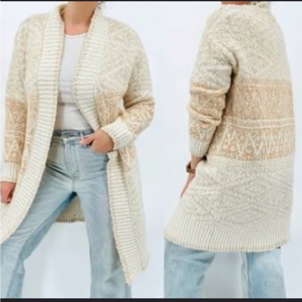 Joie Longline Oversized Chunky Cardigan Cream Fair Isle Knit L